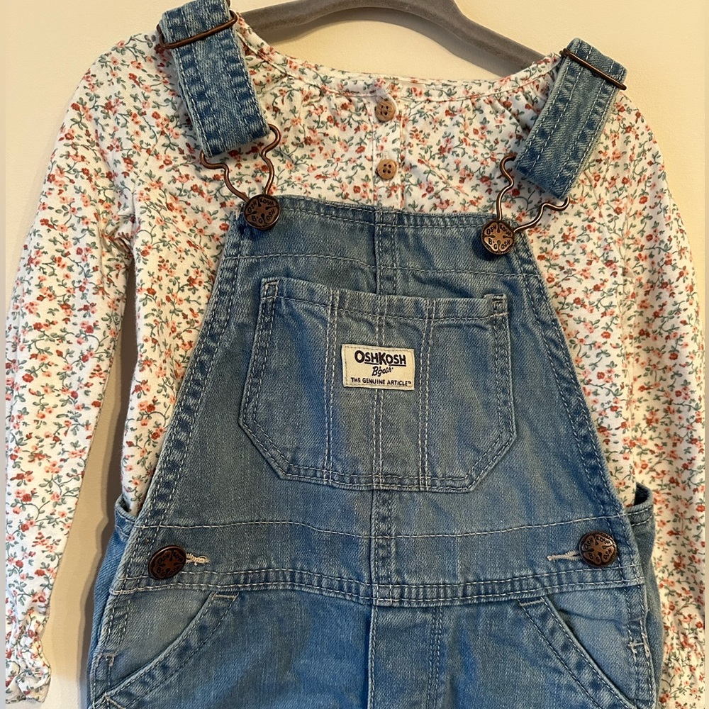 OshKosh Toddler Floral Canvas Overalls with matching floral shirt